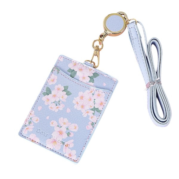 Cute FlowersPU Leather Bus ID Kredittkortholder for etui Bærbart merke uttrekkbar nakkestropp. Blue