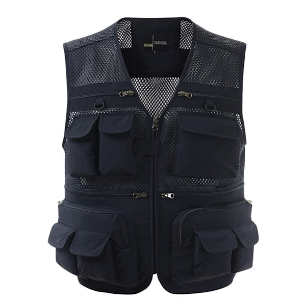 Män Meshes Utomhus Fiskevästar Flera Fickor Andningsbar Väst Jackor Navy XXL
