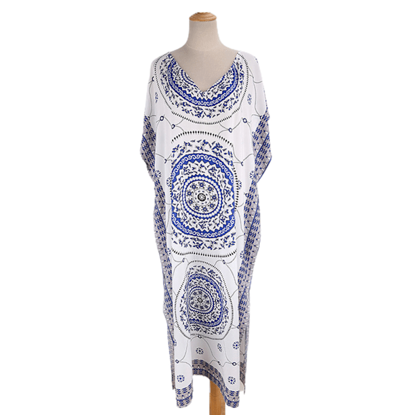 Women Beach Loose Maxi Dress Bikini Cover Up Ethnic Floral Circle Printed Turkish Kaftan Sexy V-Neck Split Long Robe Blue