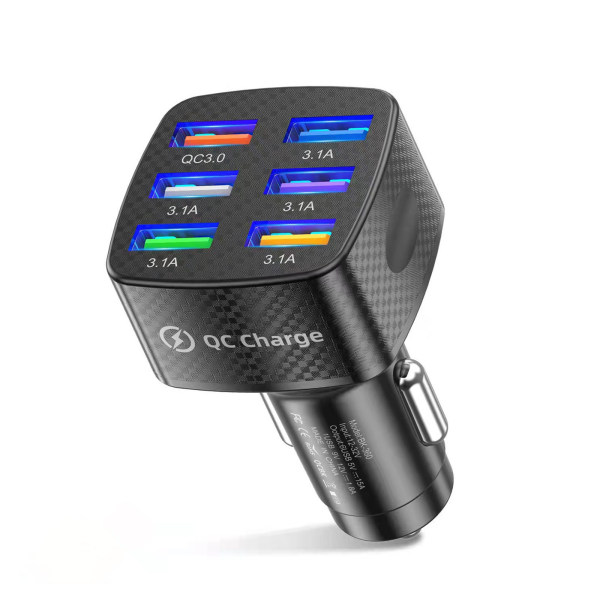 USB -laddare Bil Multiport Power QC3.0 Adapter 6 USB portar Telefon GPS-laddare för Android/iOS-enheter Black