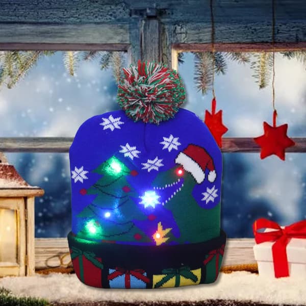 LED Julehat Lysende Julehat Dinosaur Grim Hat Unisex Strikket Hue