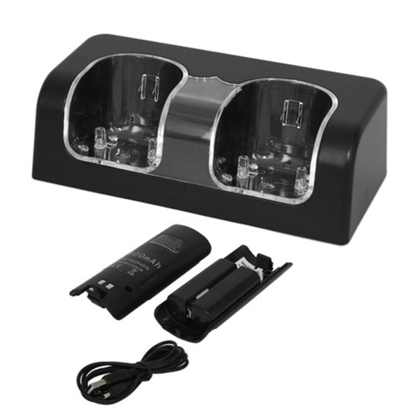 Fjernkontroll dobbel ladestasjon + 2 batterier for Wii Gamepad, lader med LED-lysindikator