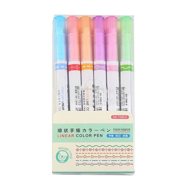 Färgad böjd penna 6 färgmarkörspennor med 6 olika krökta former Fina linjer för scrapbooking journalföringskort