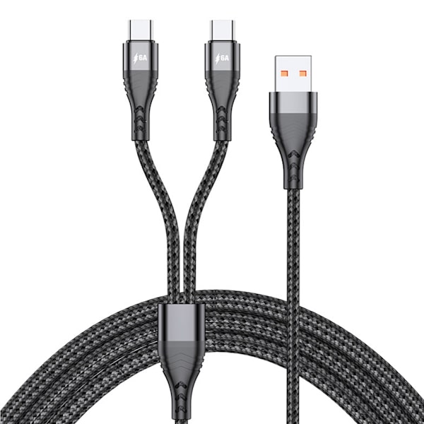 2 i 1 Multiple Charge Kabel USB til 2 Dual Type C-stik Hurtigopladningskabel til mobiltelefoner, tablets og mere