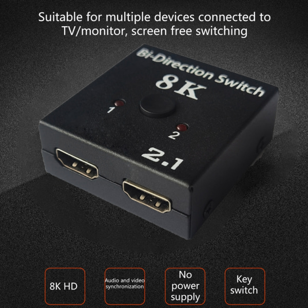 HDMI Switcher, 2 in 1 Out High-definition Video 1 in 2 Out HDMI Tvåvägs switching stöder 8k@30hz delad skärm