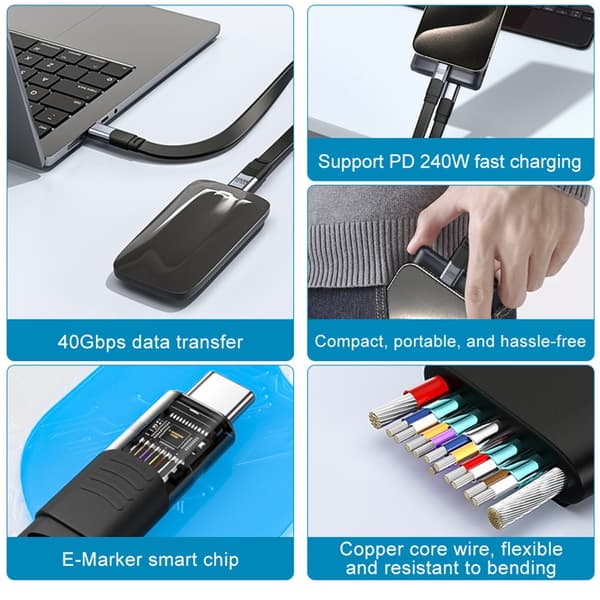 USB 4-kabel Typ C förlängningskabel 40 Gbit/s USB C dataöverföringskabel PD240W