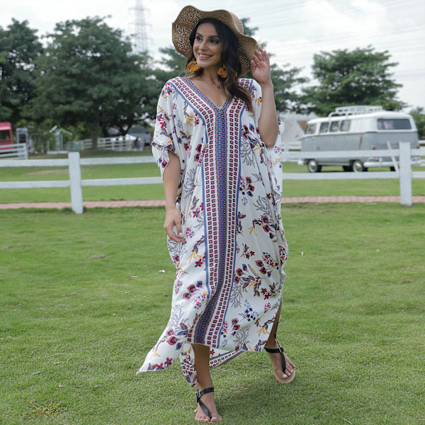 Kvinder Ferie Flagærme Tyrkisk Kaftan Boho Farverige Geometriske Blomstrede Trykte V-hals Badetøj Cover Up Oversized Løs Strand Maxi Kjole No 75 Red Flower