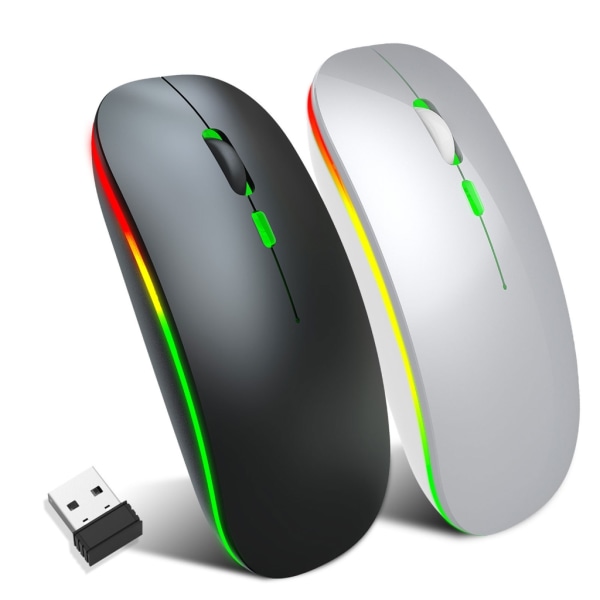 Trådlös spelmus RGB uppladdningsbar 2,4G USB sladdlös datormus med RGB-ljus Tysta klick för bärbar dator Black