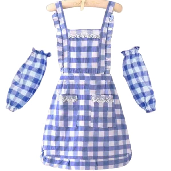 Blårutig Köksförkläde Med Armskydd Polyester Bomull Matlagning Arbetskläder