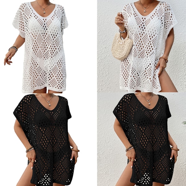 Kvinde Kortærmet Hæklet Badetøj Cover Up Hæklet Svøm Strand Cover Up Kjole Black