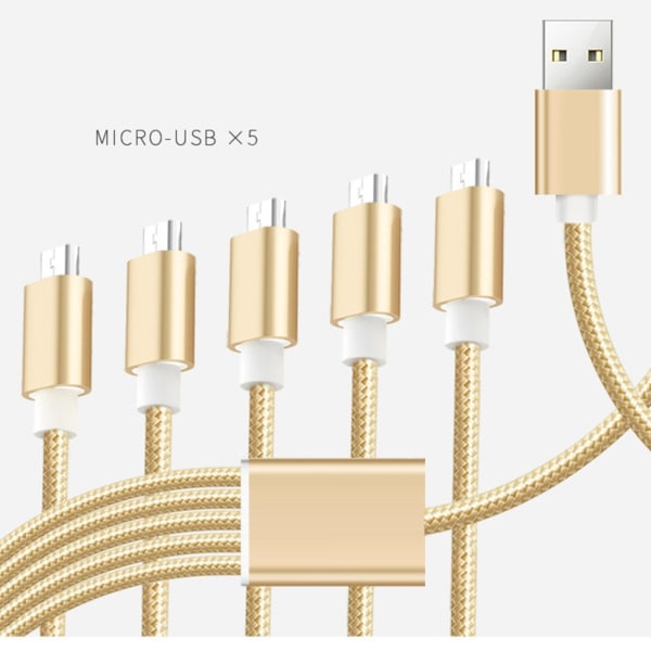 Snabbladdning USB till 5xMicro USB -kabel Power Strömförsörjningslinje 5-i-1 Nylon laddarkabel Svart 2m