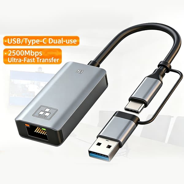 2.5G Type C/USB til RJ45 Gigabit Ethernet-adapter kablet nettverkskonverterer