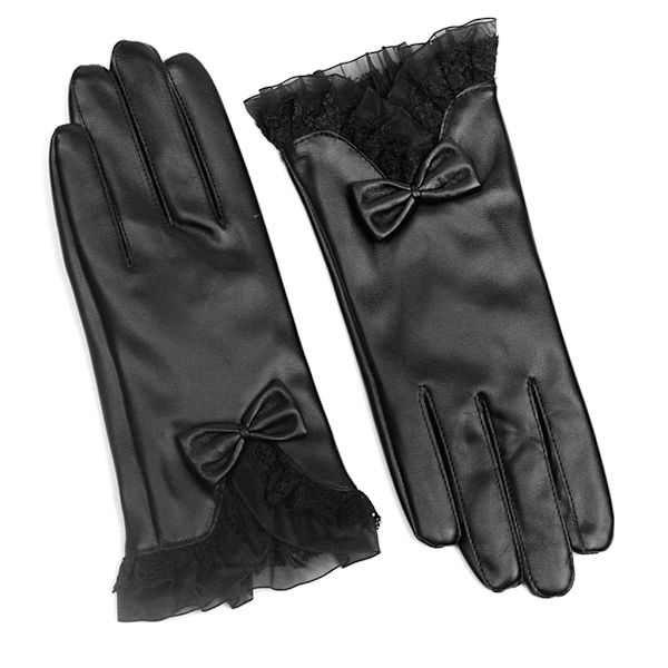Svarta kvinnors vinter konstläderhandskar Mjuka varma körhandskar Spets bowknot vinter varma helfinger skidhandskar