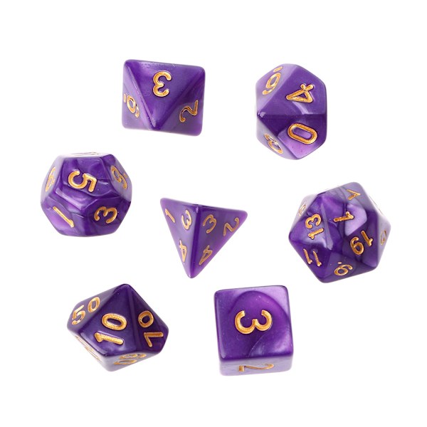 7 stk. polyhedral terninger med guldtal til Dragon Pathfinder D20 D12 2xD10 D8 D6 D4 Purple