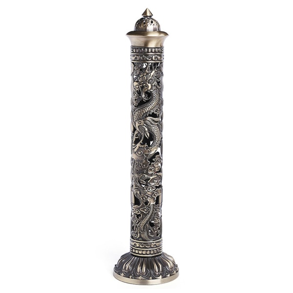 Antik vintage koppar vertikal rökelsesticka för brännare ihålig snidad drake Phoenix metalltorn askfångare rökelsekar Buddha hem terum dekor