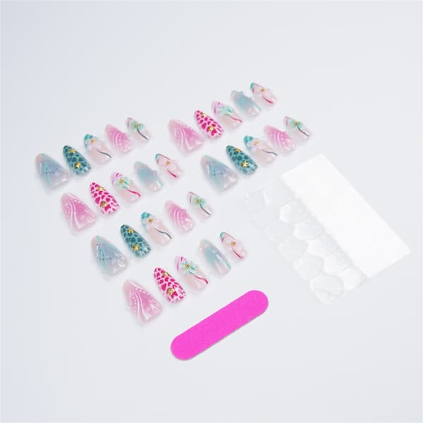 3D Blomster Press On Manicure Sæt i Gradient Pink Teal med Metallisk Søstjerne