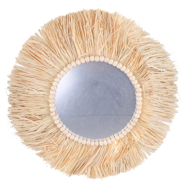 Marockanskt vävt halmhängande väggspegel Boho Macrame Flätade träpärlor Sminkspegel Gobeläng Hem sovrumsdekoration