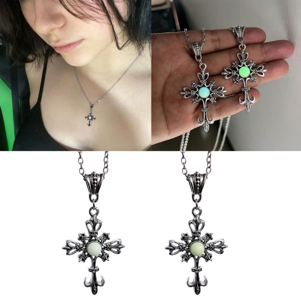 Cross hänge halsband självlysande sten Choker nyckelbenet kedja uttalande smycken Green