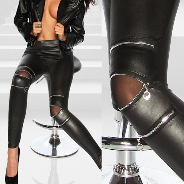 Naisten Tekonahkaiset Joustavat Skinny Pencil-housut Vetoketjulla Koristellut Leggingssit Black
