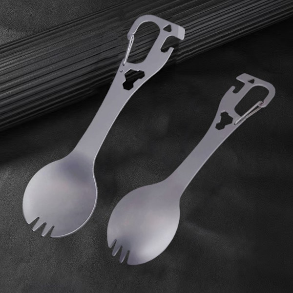 5 i 1 rustfrit stål Spork Camping Bestik med ske gaffel flaske dåseåbner Black
