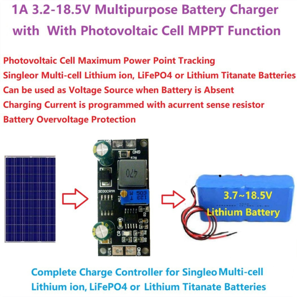 Solpanel MPPT-kontroller för LithiumIon/LiFePO4-batteriladdning - 1A, 3,2V-18,5V 12V