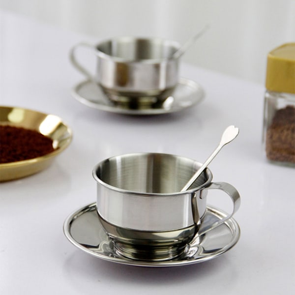 Dobbelt væggede Isoleret Kaffe Kopper Sæt Retro Kaffe Latte Te Kopper med Ske og Underkop til Latte, Mælk, Te, Espresso Silver