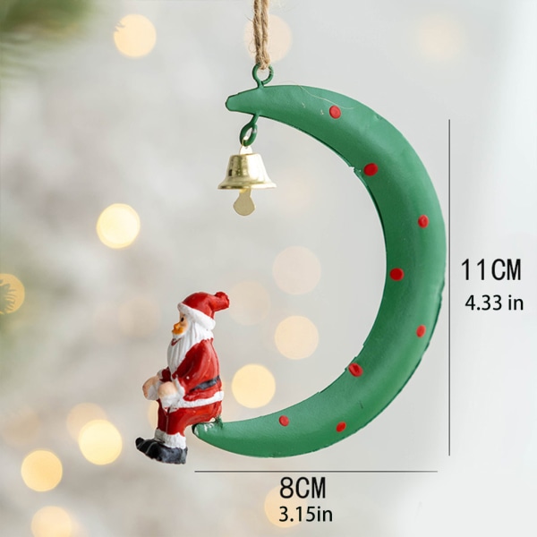 Julgran hängande prydnad Tecknad Santa Älg Snögubbe på Crescent Moon Hartshänge med Jingle Bell Xmas Dekor White