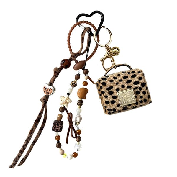 Trendig nyckelring med leopardtryck och pärlor, väskaccessoar för kvinnor och män