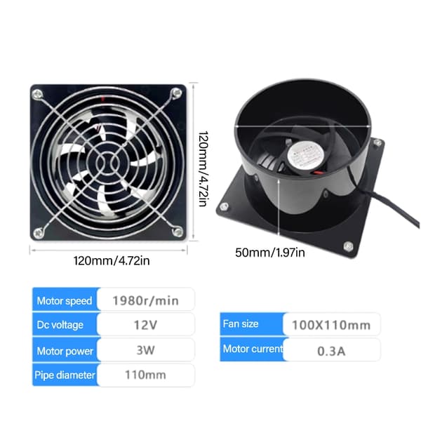 Inline Kanalventilator 12V Justerbar Hastighed Udstødningsblæser Kit Til Køkken Hydroponics