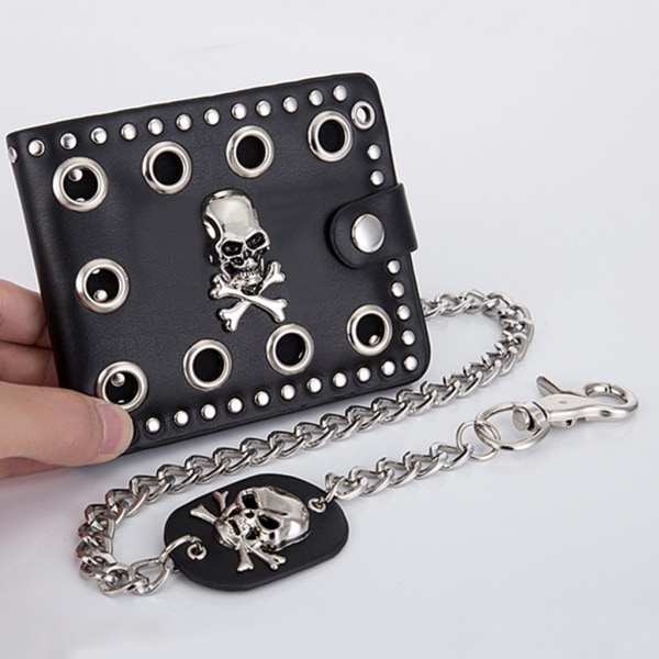 Nahkainen Cool Punk goottilainen Western Skull Clutch kukkaro Lompakot ketjulla miehille 2