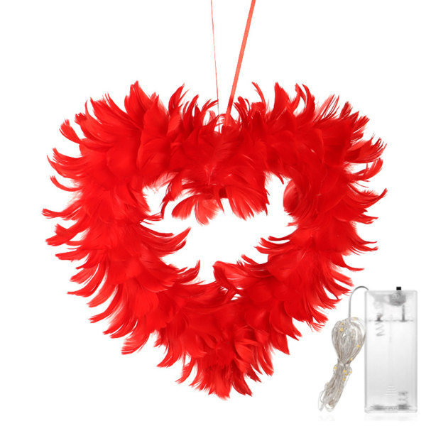 Sydämen muotoinen seppele LED-valolla Kaksipuolinen luonnollinen höyhenseppele ovelle