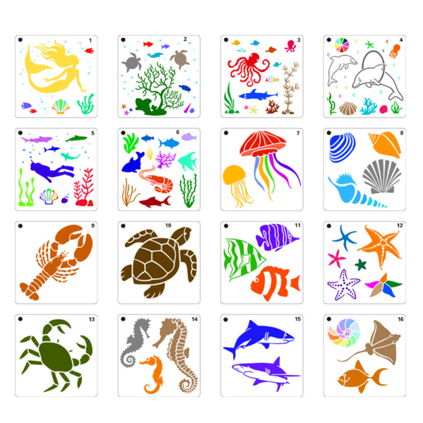 16 kpl Masking Spray Template Marine Life DIY Painting Stencil for Kids