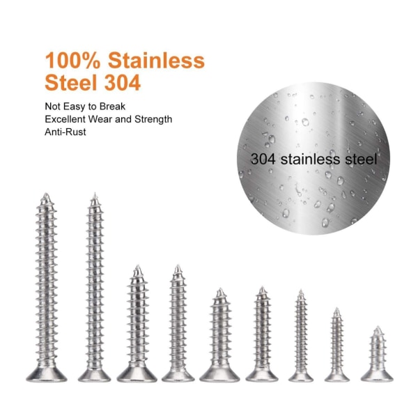 Essential 265 stk/sæt diverse træskruer rustfrit stål selvskærende skruer