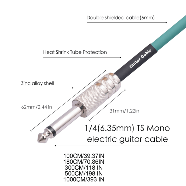 6,35 mm 1/4" monoljudkabel för elgitarr, hållbar elektronisk trumplatta 10m