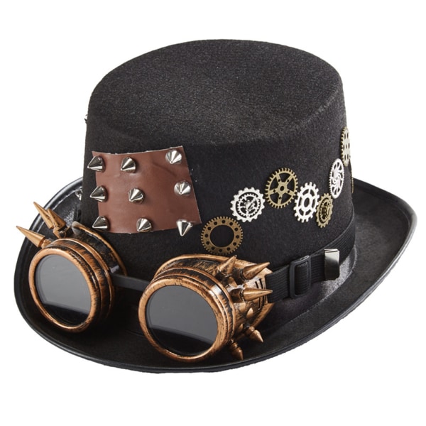 Vintage Rivet Gear Chain Top Hat Victorian Black Jazz Hat Steampunk Hat med Goggles Top Hat för Party Carnival rekvisita