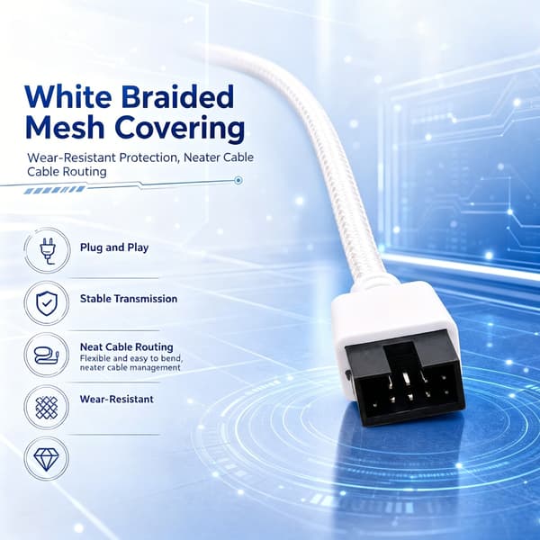 USB A Header-kabel, 20 cm 9-pinners hvit hylsetråd for stasjonær PC