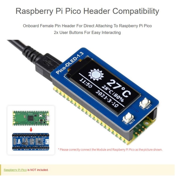 1,3 tums OLED-skärm för RaspberryPiPico, 64×128 pixlar, 4-tråds SPI och I2C-gränssnitt 3,3V Driftspänning