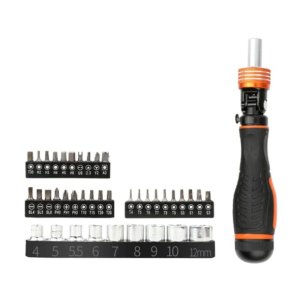 40-pack spärrskruvmejsel med magnetiska bits, ergonomisk design