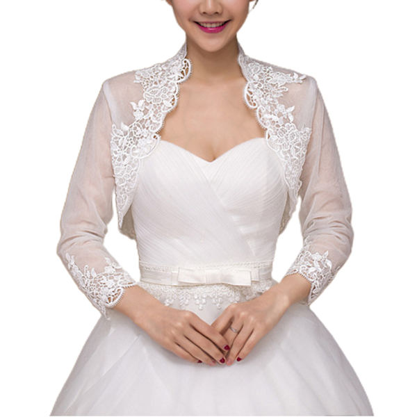Kvinder 3/4 ærmet bryllup til jakke Cape Floral Lace Trim Wrap Shrug Bolero Card