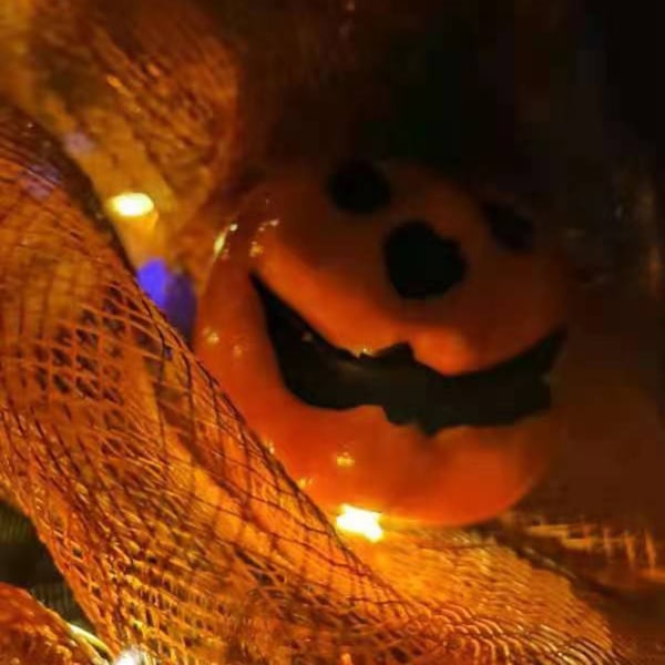 Halloween pumpa Ribbon Mesh Krans med LED-lampor Ytterdörren lysande krans null - Glow
