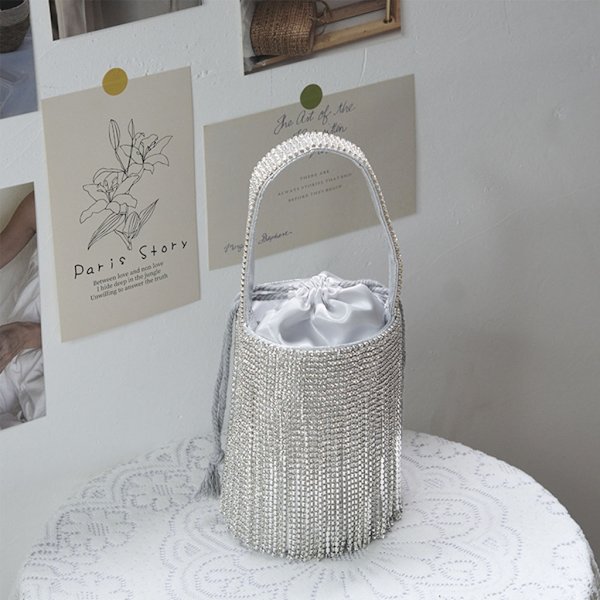 Dame Glitter Evening Bag Party Prom Clutch Dusk Chain Bucket Bag Håndveske Silver