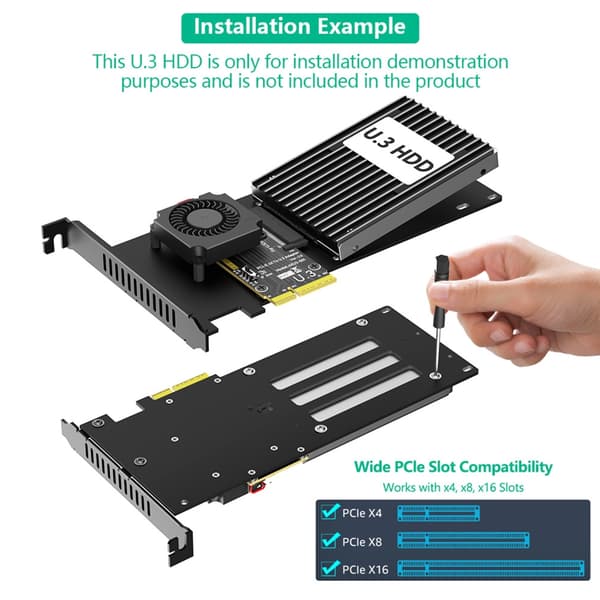 Højtydende U.3-adapterkort til PCIe 5.0 4X til NVMe SSD-forbindelse
