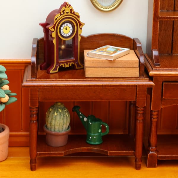 Elegant Trädockhus Bord Miniatyr Vardagsrumsmöbler Skrivbordsdisplay