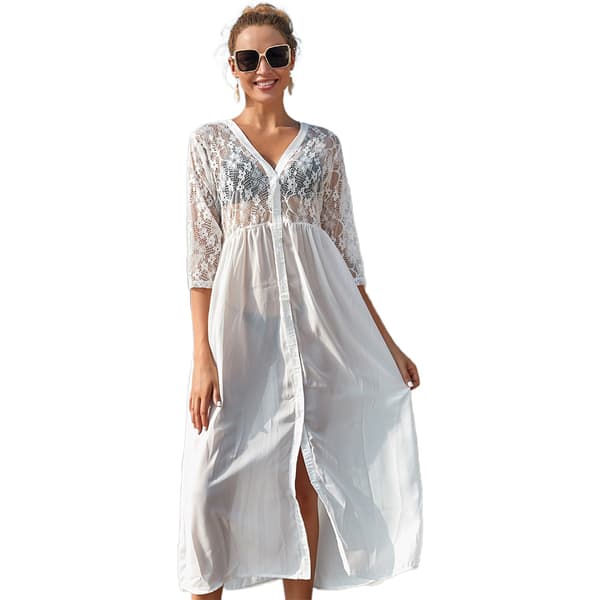 Dam 3/4 Ärmar Chiffong Maxi Strandklänning Transparent Blommig Spets Patchwork Kimono Kofta Knapp V-ringad Baddräkt Cover Up