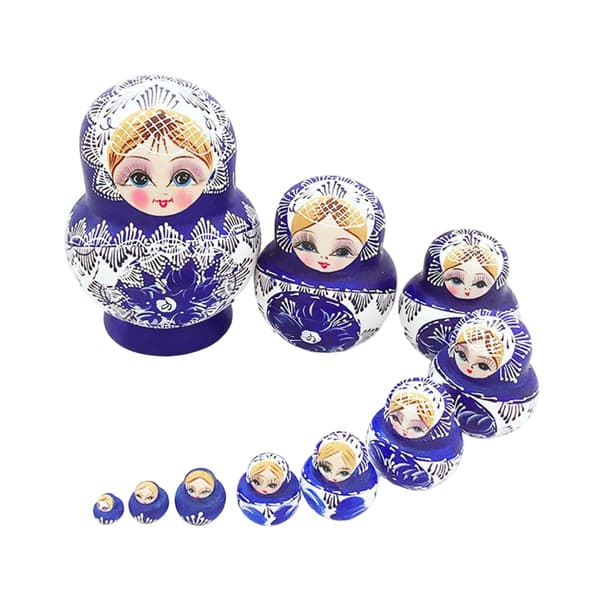 Traditionella ryska \"Nesting Dolls\" 10 st med blått och vitt porslinsmönster