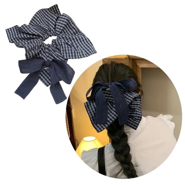 Komfortable blå gingham scrunchies hodeplagg elastisk hårstrikk i stoff for gave