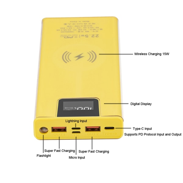 DIY Power Bank Boxes 8x18650 Batteri Case Metallskal 15W Trådlös laddningsversion Batteri ingår ej Yellow