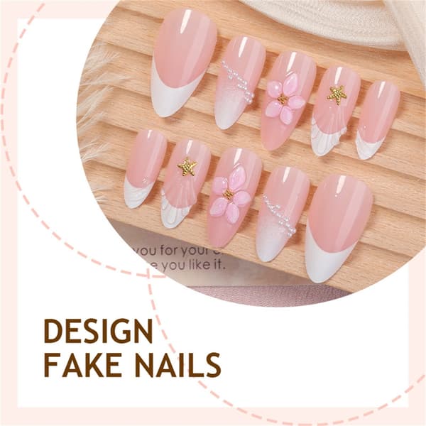 ABS Press On Manicure Pink Gradient 3D Blomst Fransk Kant Sæt
