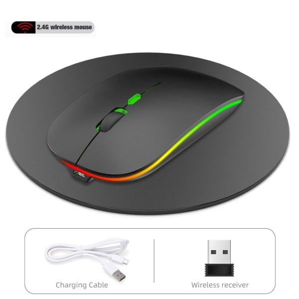 Trådlös spelmus RGB uppladdningsbar 2,4G USB sladdlös datormus med RGB-ljus Tysta klick för bärbar dator Black