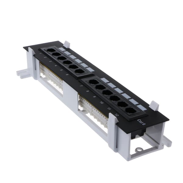 12-porters patchpanel for Cat 6, veggmontering og rackmontering, plassbesparende